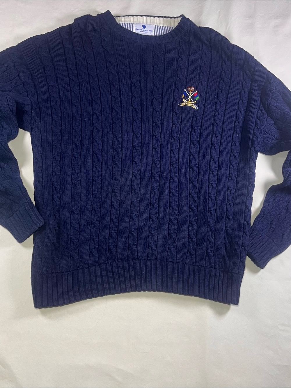 English Sports Shop Men's XXL Navy Cable-Knit Crewneck Cotton Sweater Crest